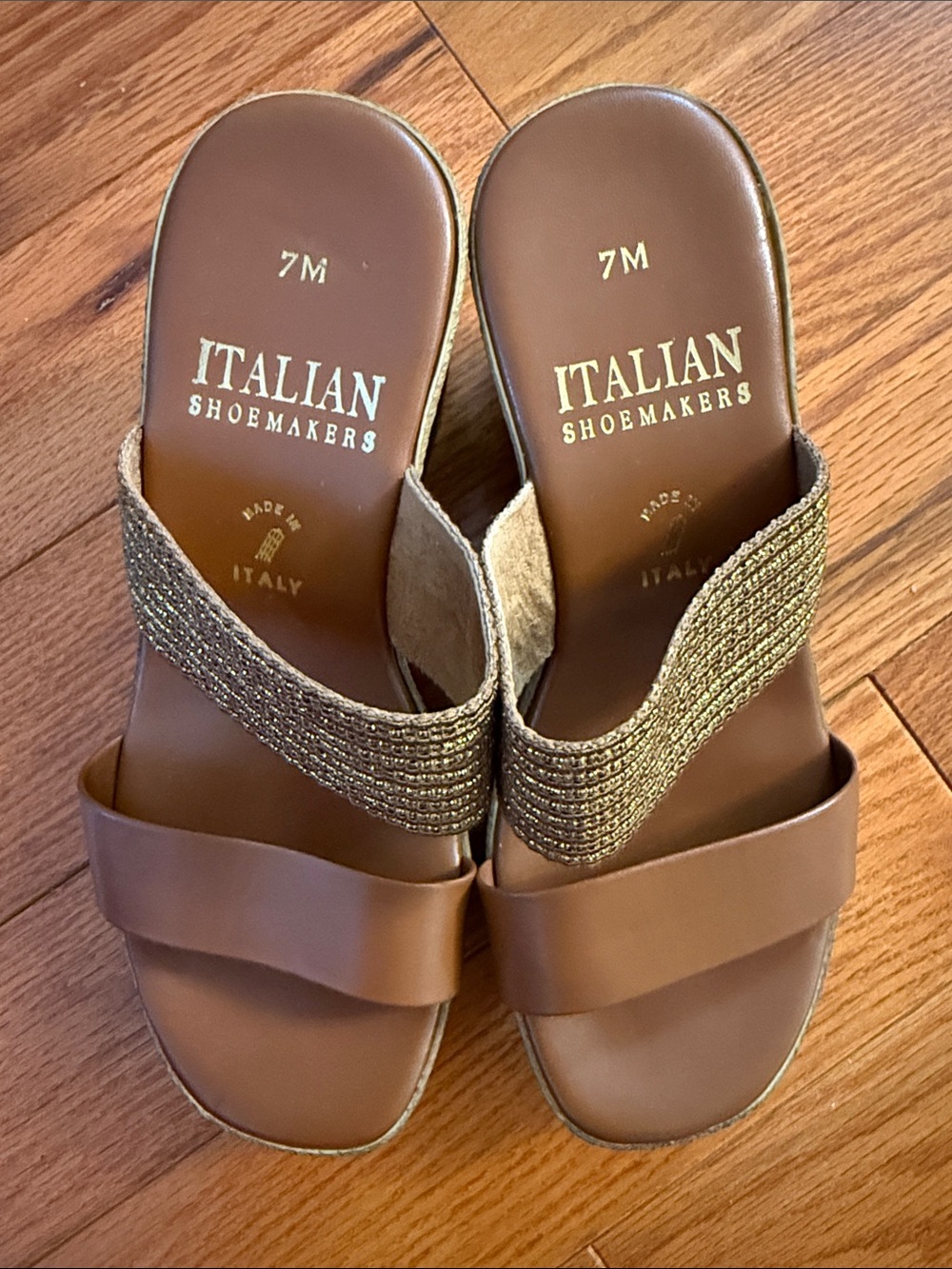 Italian Shoemakers Brown Slide Mules with Metallic Gold Braided Strap